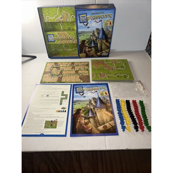 Carcassonne Board Game  100% Complete w/ New River and Abbot Expansions Z-Man - Picture 1 of 6